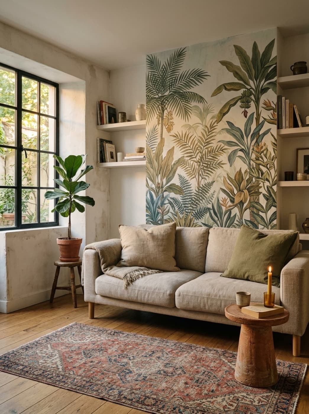 Living room with custom botanical wallpaper