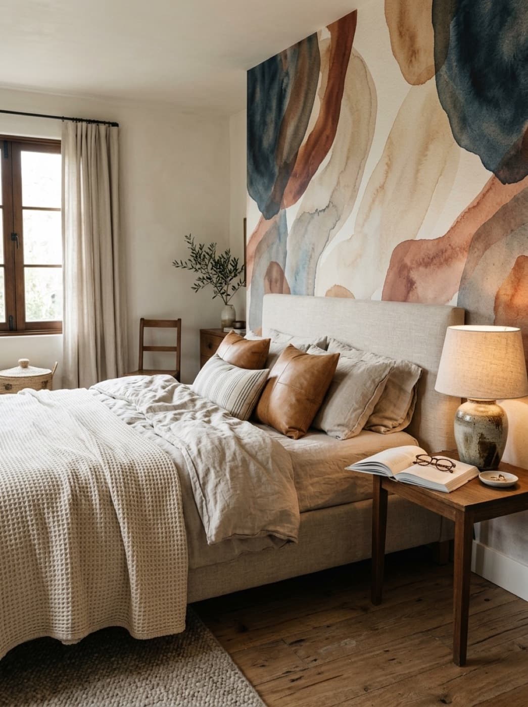 Bedroom with custom watercolour wallpaper