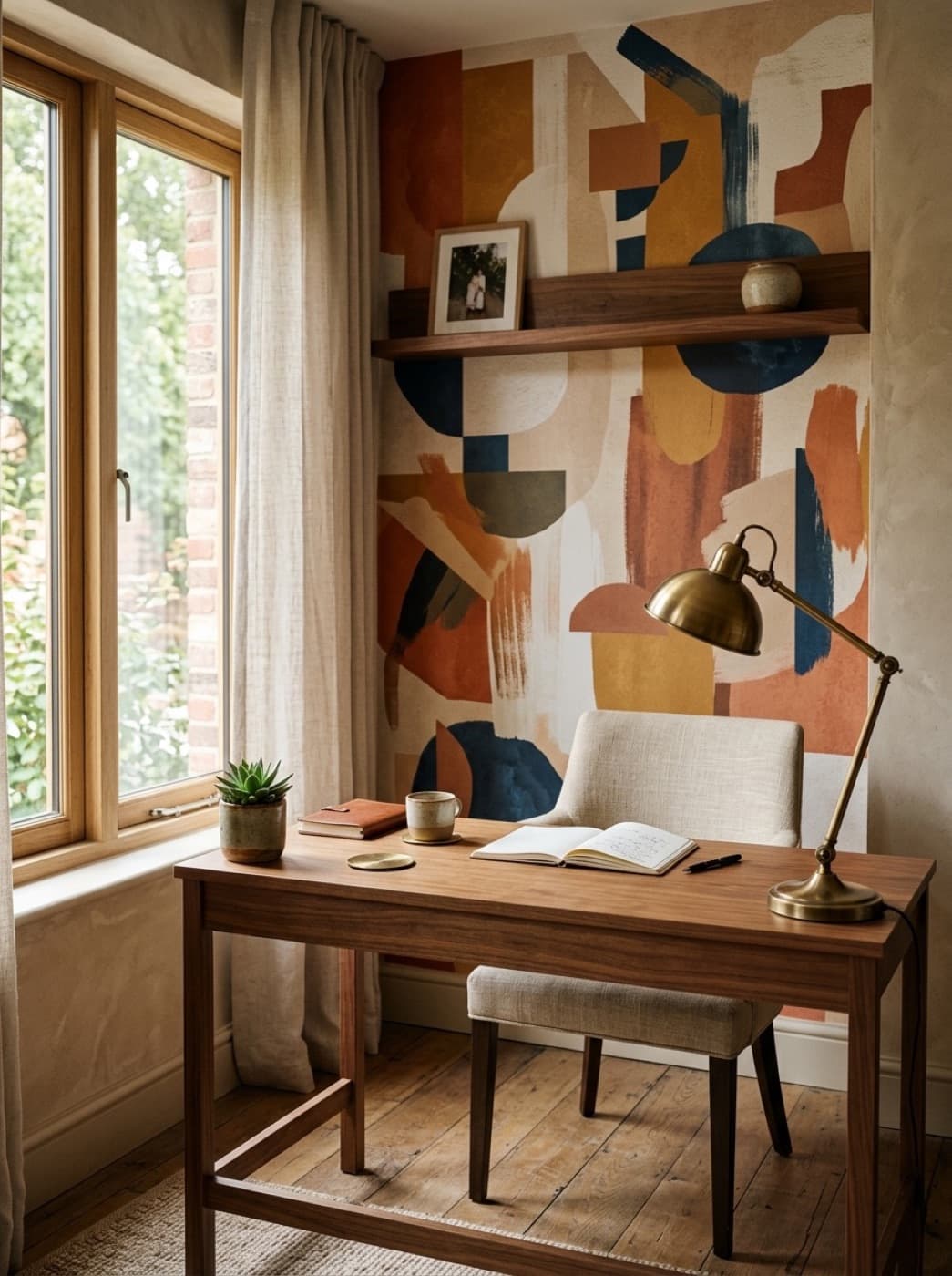Home office with custom modern art wallpaper
