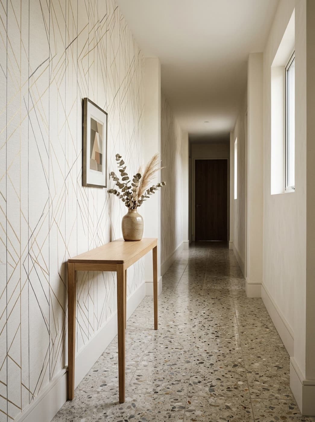 Hallway with custom geometric wallpaper