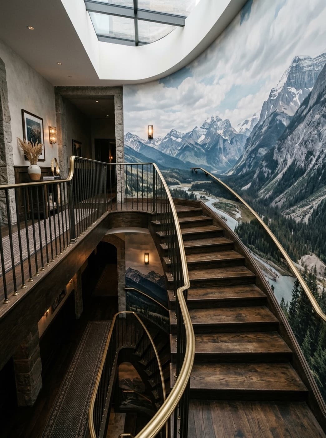 Stairwell with custom landscape wallpaper